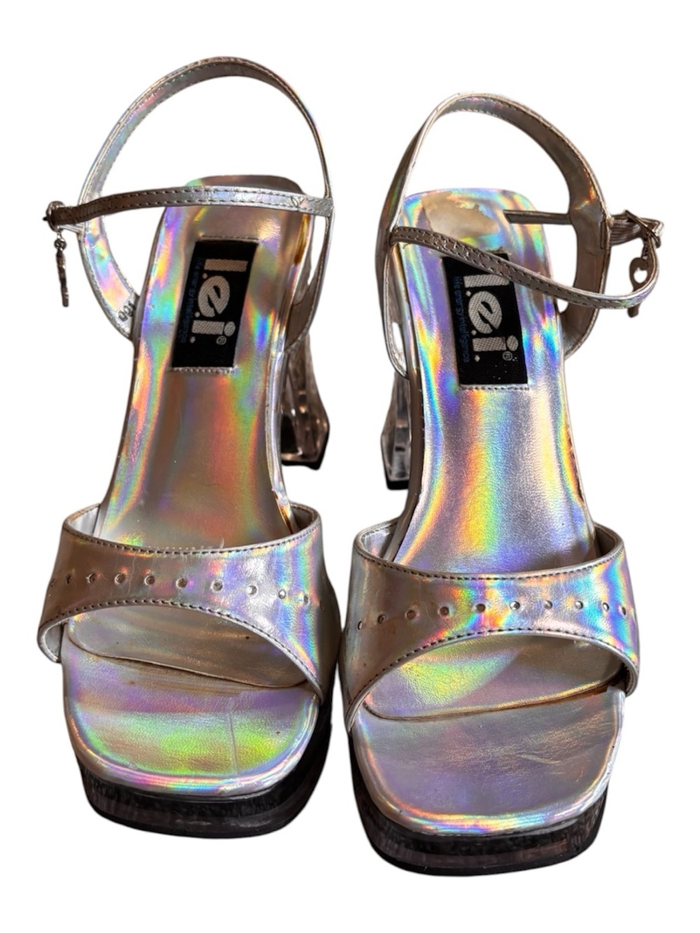 Vintage Y2K lei Holographic Silver Open-Toe Slingback Heels
